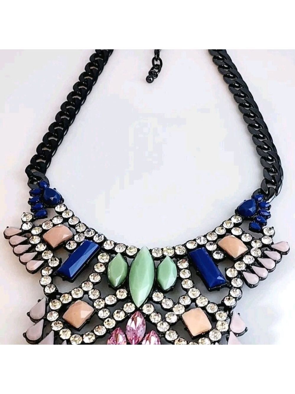 LORI GOLDSTEIN LOGO RUNWAY STATEMENT COLLAR NECKLACE PINK BLUE CRYSTAL GUNMETAL - Picture 3 of 14